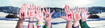 Children Hands Building Word Help Me, Snowy Winter Background
