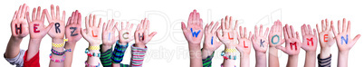 Children Hands Building Word Willkommen Mean Welcome, Isolated Background