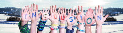 Children Hands Building Word Inclusion, Snowy Winter Background