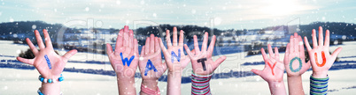 Children Hands Building Word I Want You, Snowy Winter Background