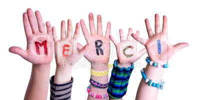 Children Hands Building Word Merci Means Thank You, Isolated Background