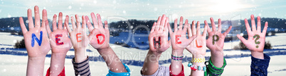 Children Hands Building Word Need Help, Snowy Winter Background