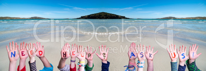 Children Hands Building Word Need Help Ask Us, Ocean Background