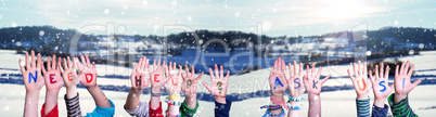 Children Hands Building Word Need Help Ask Us, Snowy Winter Background