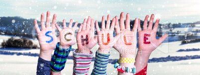 Children Hands Building Word Schule Means School, Winter Scenery