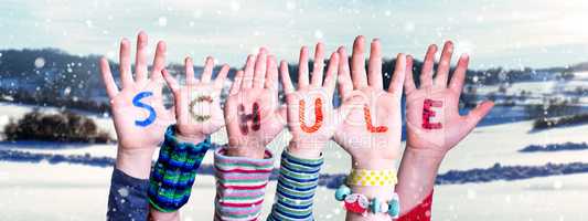 Children Hands Building Word Schule Means School, Winter Scenery