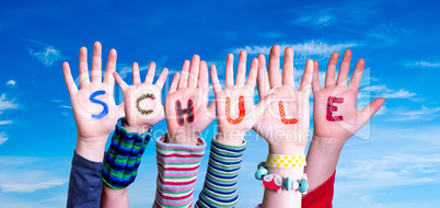 Children Hands Building Word Schule Means School, Blue Sky