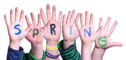 Children Hands Building Word Spring, Isolated Background