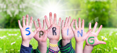 Children Hands Building Word Spring, Grass Meadow