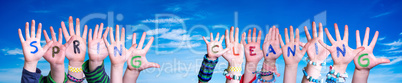 Children Hands Building Word Spring Cleaning, Blue Sky