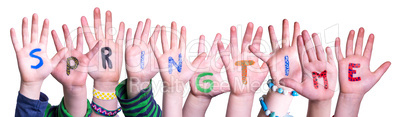 Children Hands Building Word Springtime, Isolated Background