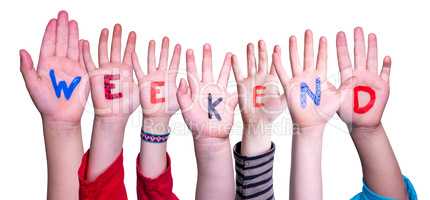 Children Hands Building Word Weekend, Isolated Background