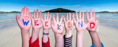 Children Hands Building Word Weekend, Ocean Background