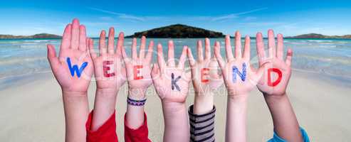 Children Hands Building Word Weekend, Ocean Background