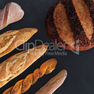 Different types of bread and rolls in the top view. Kitchen or bakery poster design on dark.