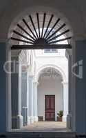 Monastery Courtyard and Arches on the Island of Santorini Greece