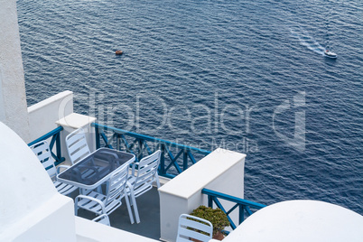 Santorini Greece Home Patio With Ocean View As Cruise Ship Tende