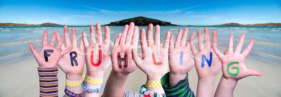 Children Hands Building Fruehling Means Spring, Ocean Background