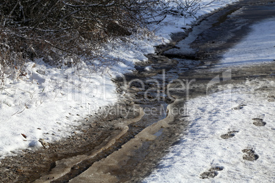 Spring day, running stream with melt water