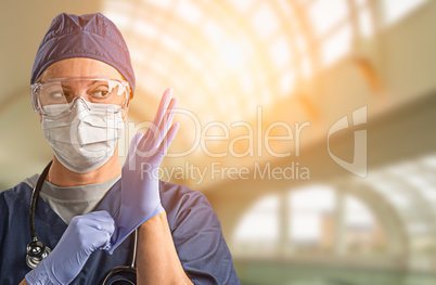 Female Doctor or Nurse Wearing Protective Face Mask and Surgical