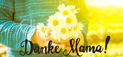 Cute Little Boy, Bouquet Daisy, Calligraphy Danke Mama Means Thank You Mom