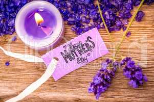 Label With Calligraphy Happy Mothers Day. Candlelight, Purple Lavender