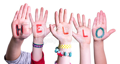 Children Hands Building Word Hello, Isolated Background