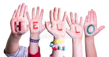 Children Hands Building Word Hello, Isolated Background