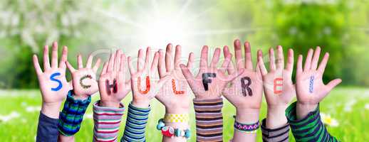 Children Hands Building Schulfrei Means School Holidays, Grass Meadow