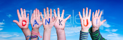 Children Hands Building Word Dank U Means Thank You, Blue Sky