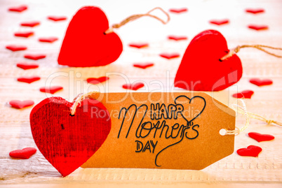 Label With Calligraphy Happy Mothers Day. Flat Lay With Many Hearts