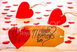 Label With Calligraphy Happy Mothers Day. Flat Lay With Many Hearts