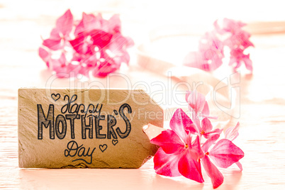 Label With Calligraphy Happy Mothers Day. Pink Flower Blossoms