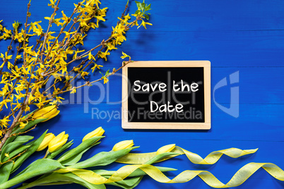 Spring Flowers Decoration, Branch, Blackboard, Text Save The Date