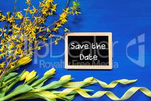 Spring Flowers Decoration, Branch, Blackboard, Text Save The Date