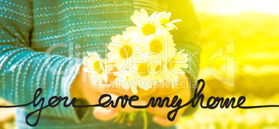 Child, Bouquet Of Daisy Flower, Calligraphy You Are My Home