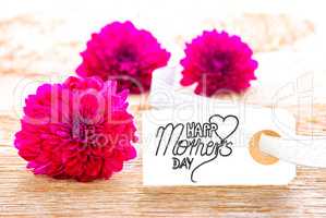 Label With Calligraphy Happy Mothers Day. Purple Spring Flower Blossoms