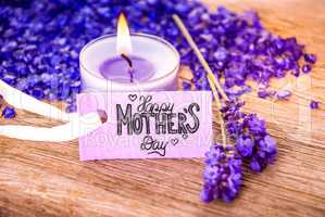 Label With Calligraphy Happy Mothers Day. Candle Light, Lavender