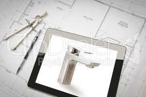 Computer Tablet Showing Custom Faucet On House Plans, Pencil, Co