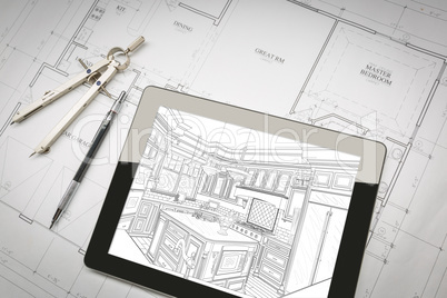 Computer Tablet Showing Kitchen Illustration On House Plans, Pen