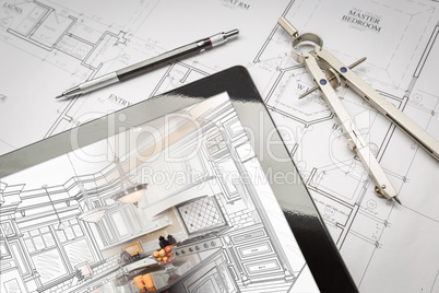 Computer Tablet Showing Kitchen Illustration On House Plans, Pen