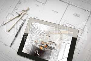 Computer Tablet Showing Kitchen Illustration On House Plans, Pen