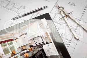 Computer Tablet Showing Kitchen Illustration On House Plans, Pen