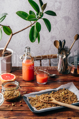 Healthy breakfast with granola and grapefruit juice