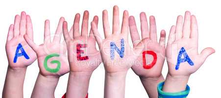 Children Hands Building Word Agenda, Isolated Background