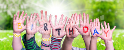 Children Hands Building Word Birthday, Grass Meadow