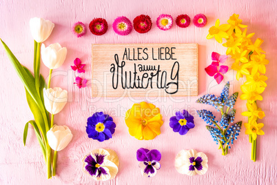 Spring Flat Lay, Flowers, Sign, Calligraphy Muttertag Means Happy Mothers Day