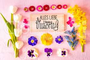 Spring Flat Lay, Flowers, Sign, Calligraphy Muttertag Means Happy Mothers Day