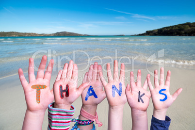 Children Hands Building Word Thanks, Ocean Background