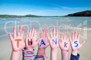 Children Hands Building Word Thanks, Ocean Background